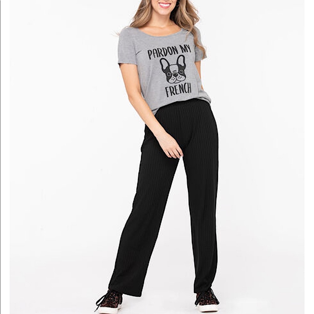 BLACK RIBBED HIGH RISE WIDE LEG PANT